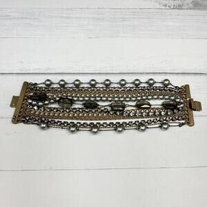 KC Kenneth Cole Multistrand Gray Smokey Clear Bead Bracelet Gold Tone Boho 7 In